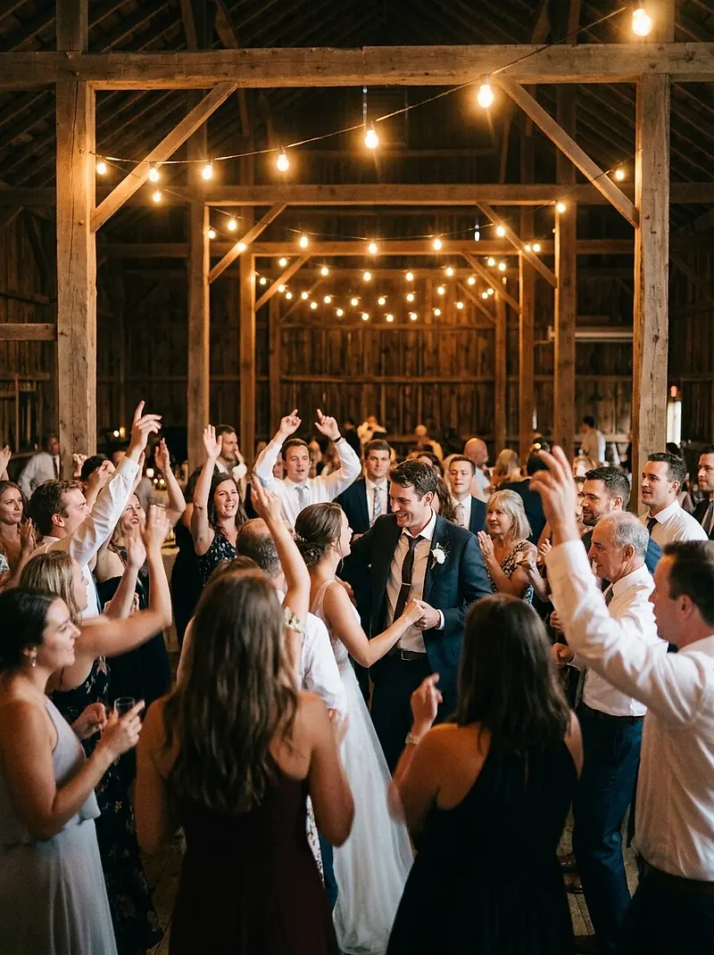 Guests dancing at a barn reception under strings of lights.