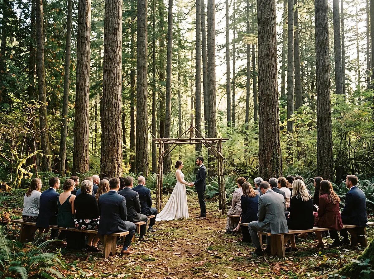 A wedding ceremony among tall firs, with guests seated on wooden benches.