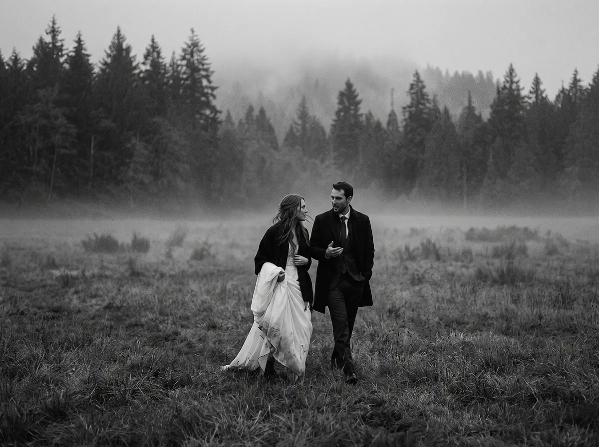 A couple walking through a foggy field at dusk, photographed in black and white.
