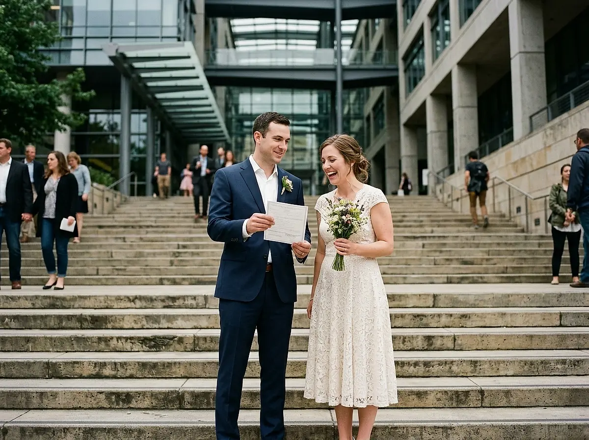 A newly married couple on the steps of a city hall, holding their paperwork.