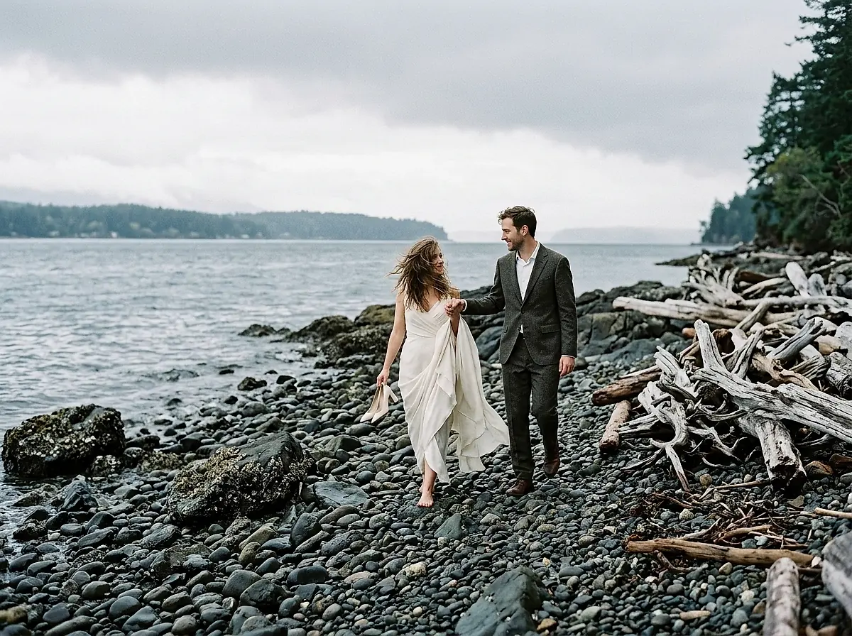 A couple walking a rocky island beach in the wind.
