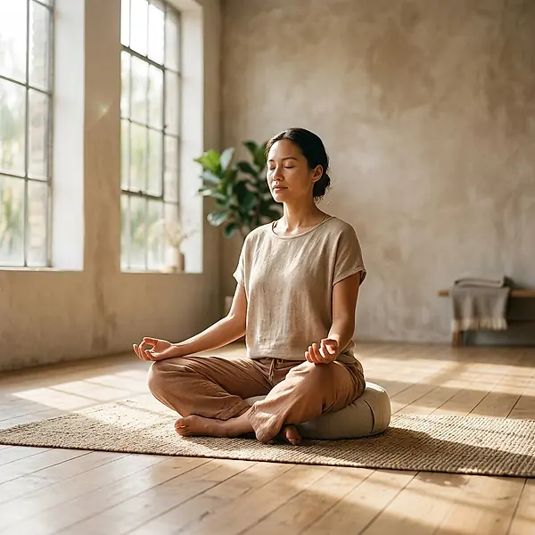 A woman sits in meditation on a wooden floor.