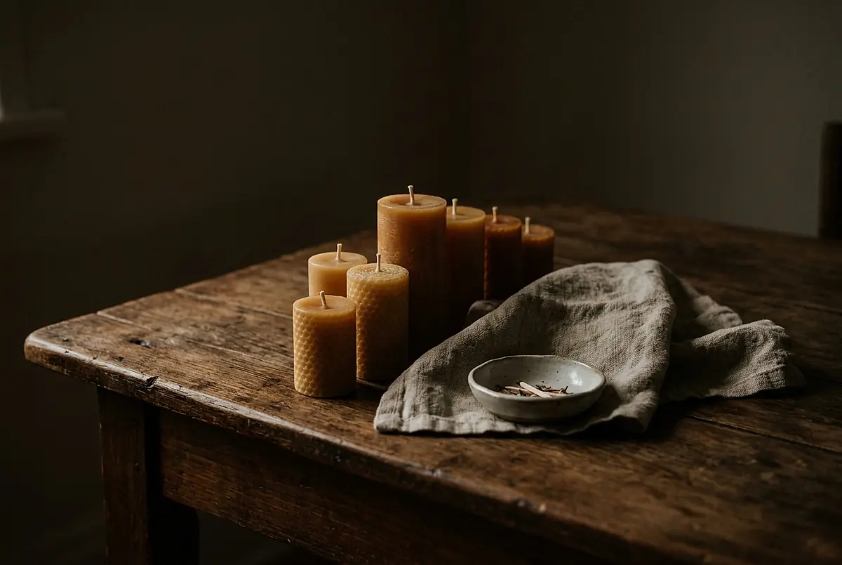 Candlesticks on a wooden table.