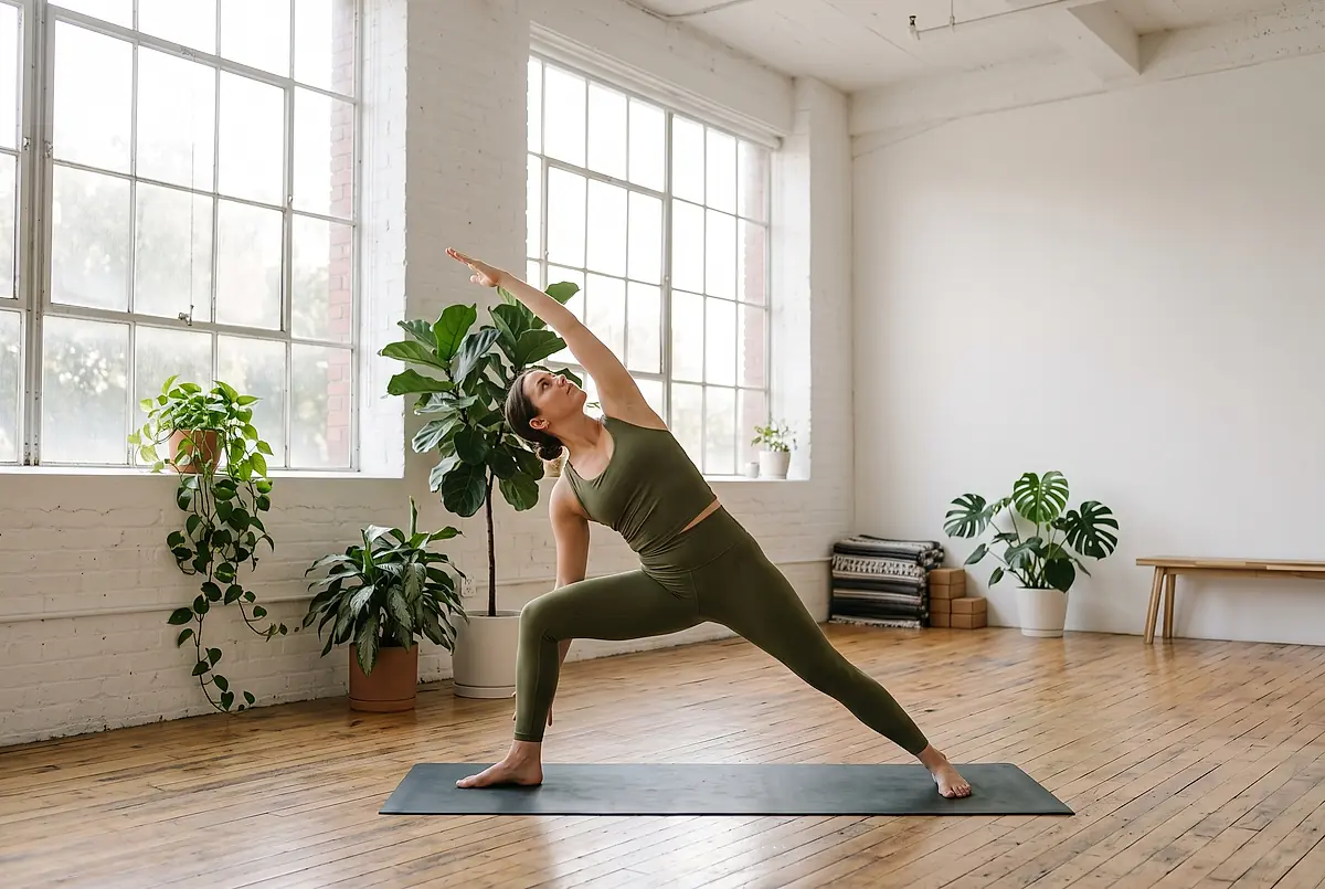 A woman does yoga in a room with large windows and potted plants.