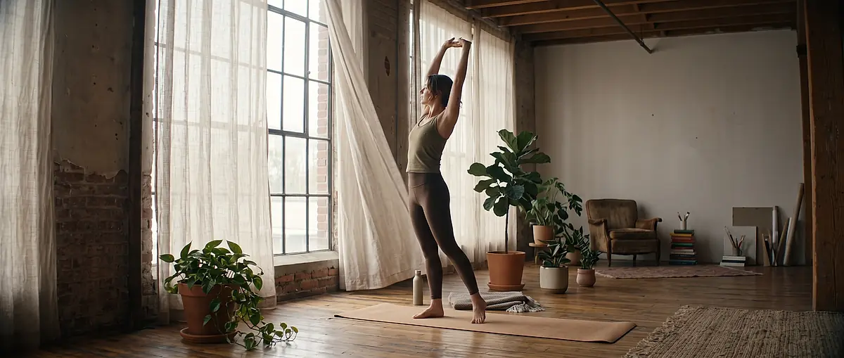A woman stretches by a tall window with linen curtains.