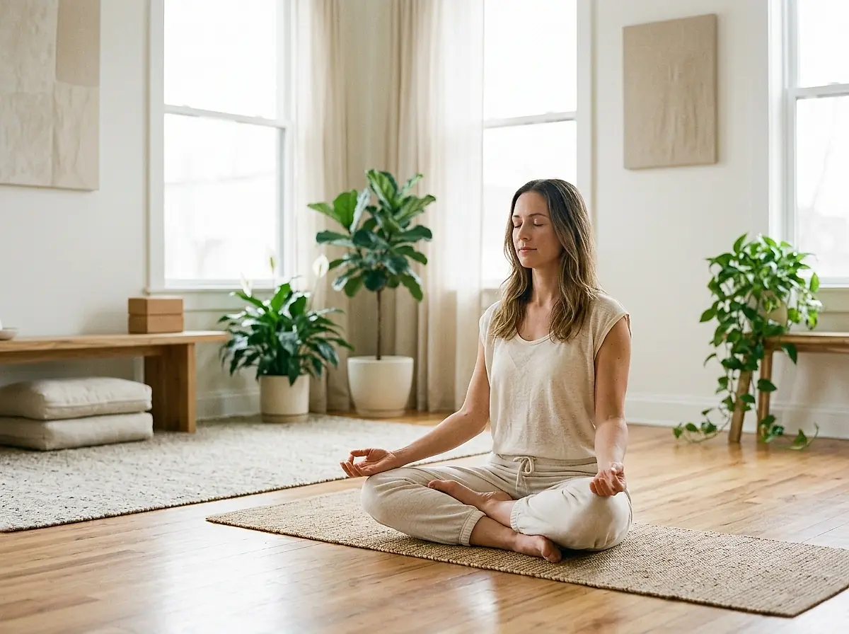 A woman sits on a mat with her eyes closed.