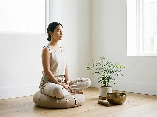 A woman sits cross-legged in a room with a plant.