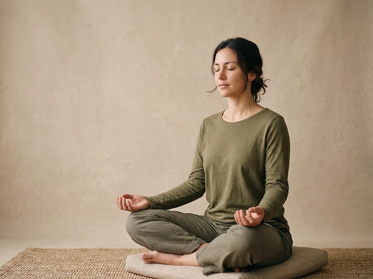 A woman meditates sitting cross-legged on a cushion.