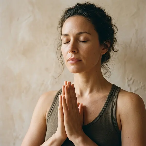 A woman sits with her eyes closed and her hands together.