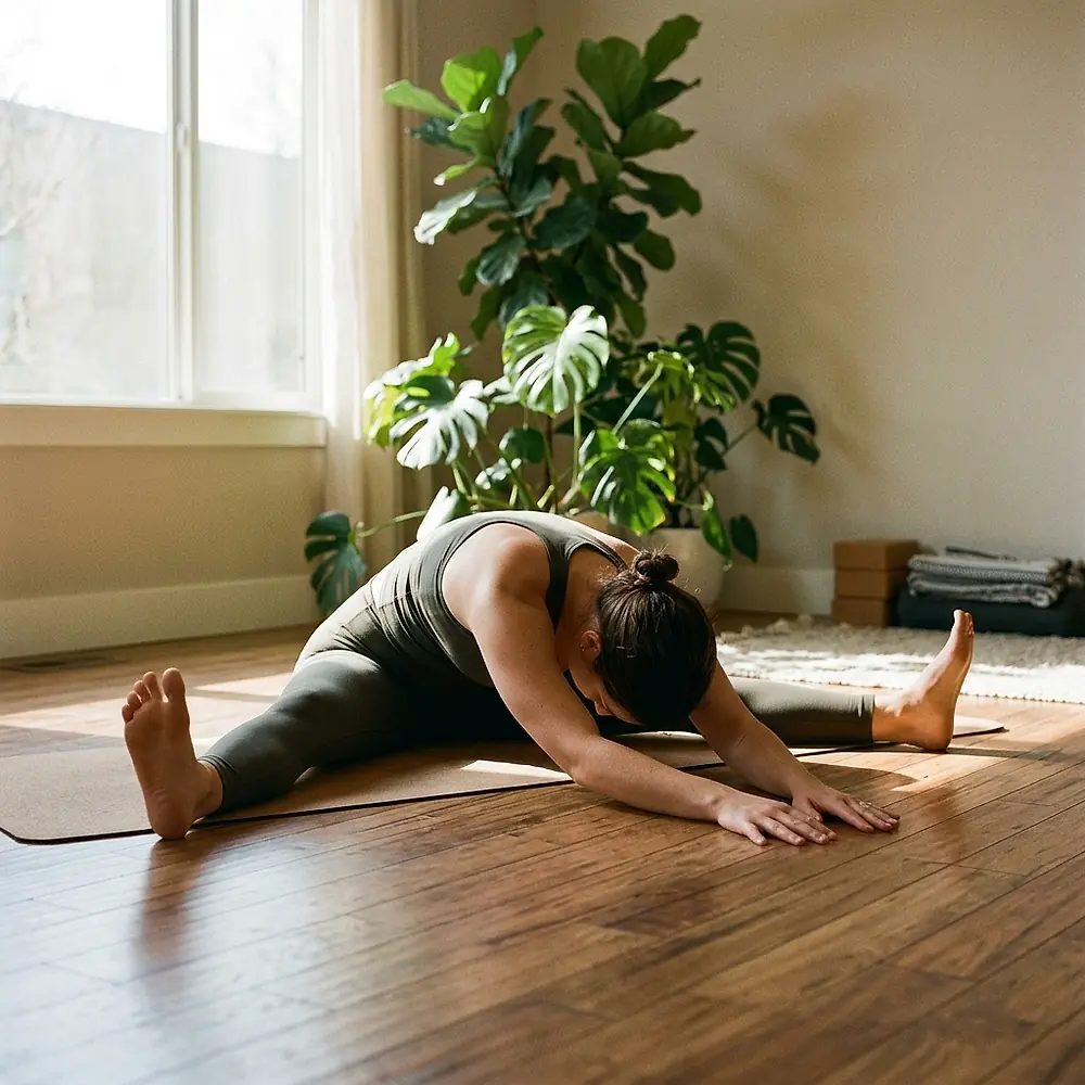 A woman bends forward on a mat in a room with a plant.