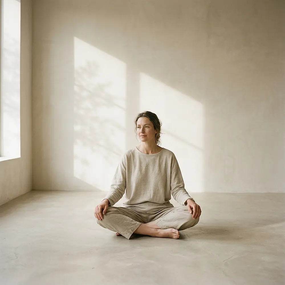 A woman sits on the floor with her legs crossed.
