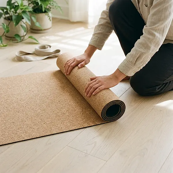 A person kneels on a wooden floor rolling up a yoga mat.