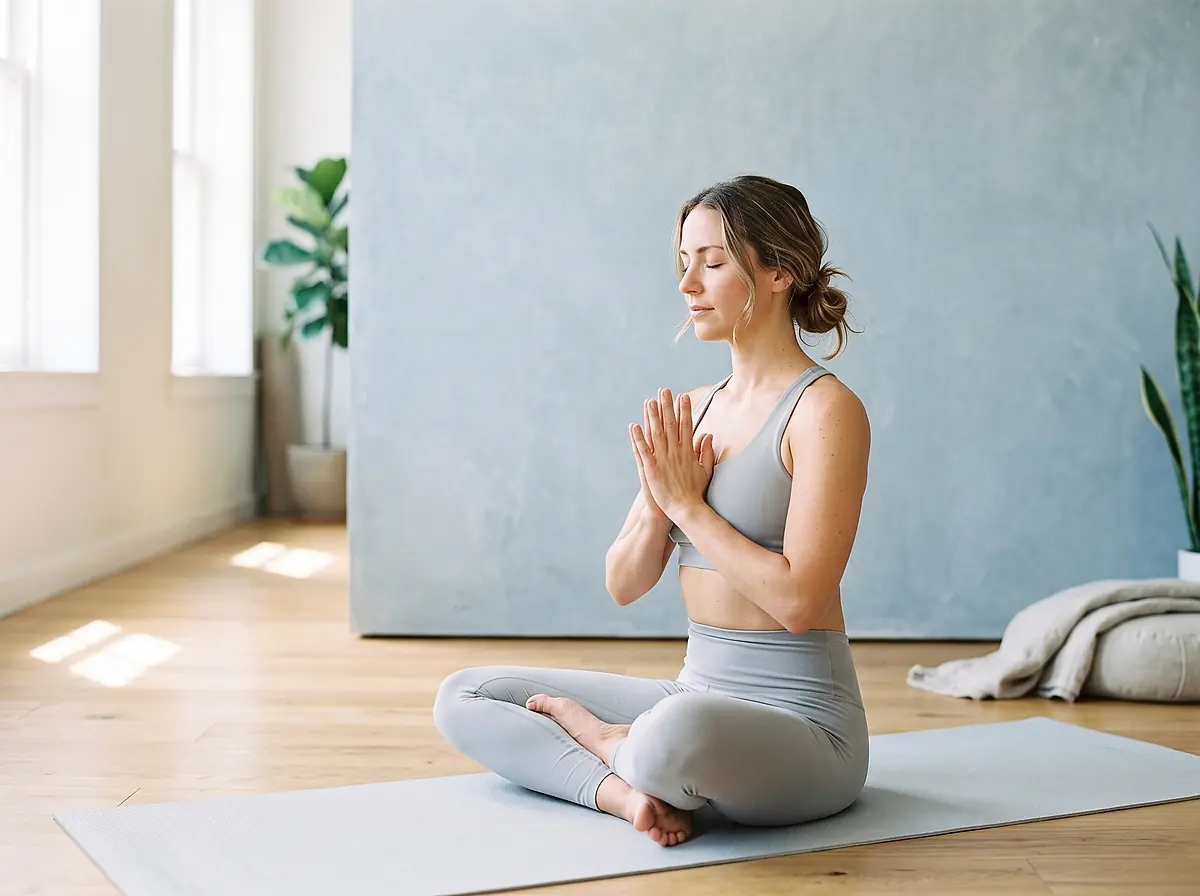 A student sitting cross-legged on a mat, hands together at her chest