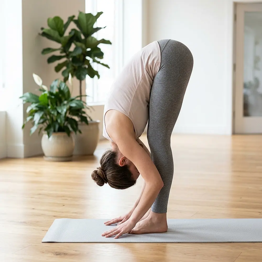 A student folded forward with her hands on the mat