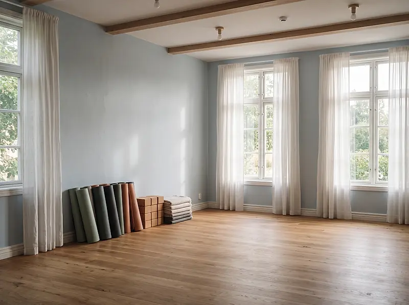 The studio, with rolled mats along the wall and daylight through tall windows