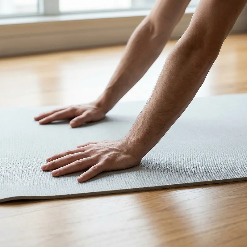 Hands pressing into a yoga mat