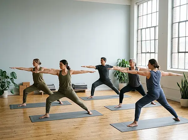 A class holding warrior two on mats in the studio