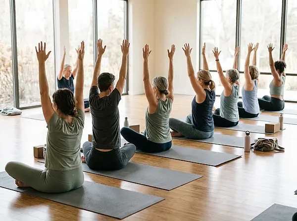 A group class seated on mats with arms raised overhead