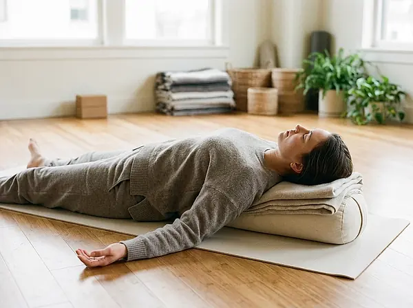A student resting back over a bolster in a restorative class