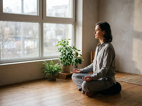 A student sitting cross-legged in meditation beside a window