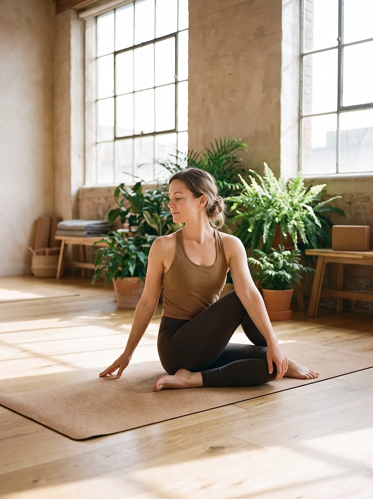 A student sitting in a gentle seated twist on a cork mat in the studio