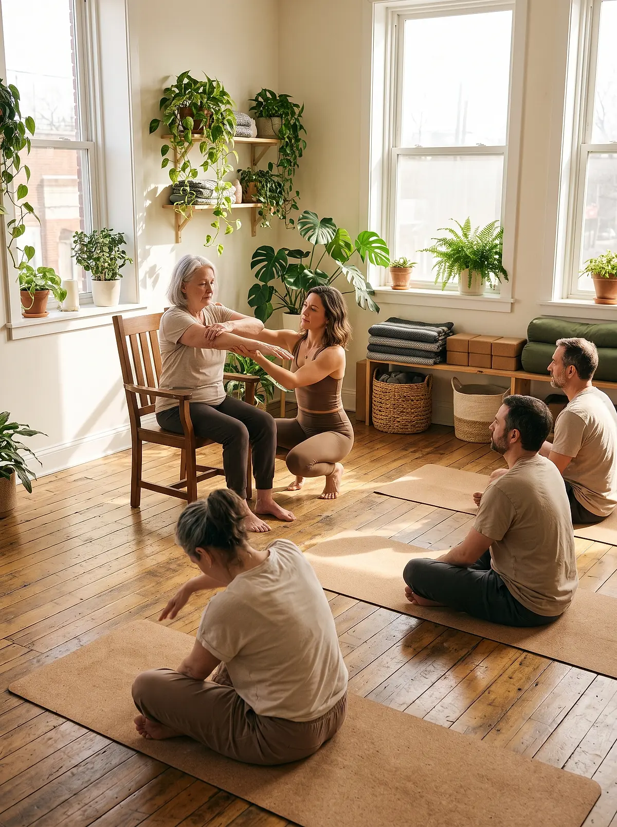 A teacher guiding an older student in a chair at the front of a small class