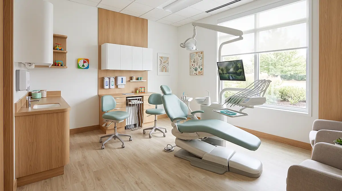 A bright treatment room at Harbor View Family Dentistry, with a dental chair beside a window.
