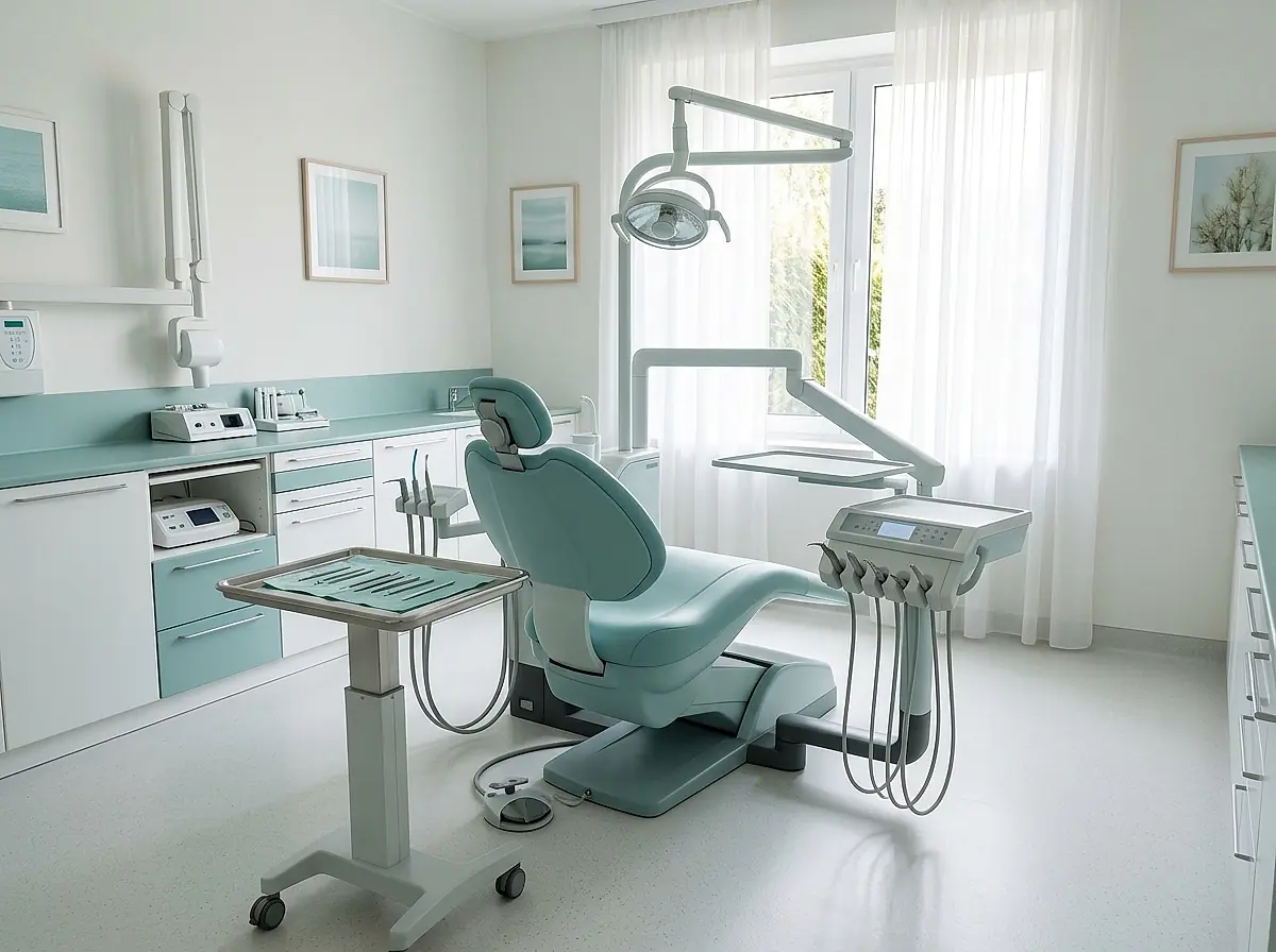 A treatment room with a dental chair, overhead light and instruments laid out on a tray.