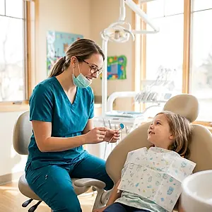 A dental hygienist talking with a young child sitting in the treatment chair.