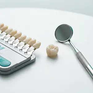 A shade guide and a model tooth used to match the colour of a crown.