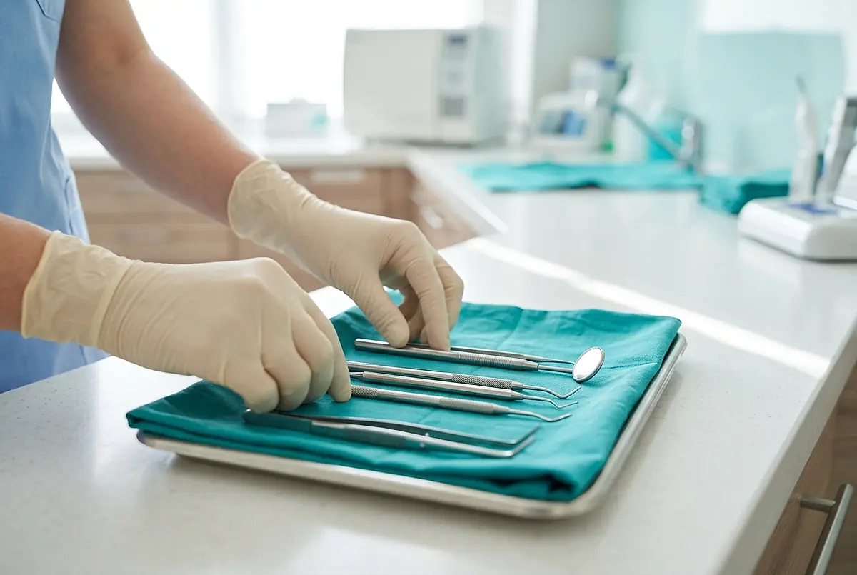 Instruments being laid out on a tray before a patient arrives.