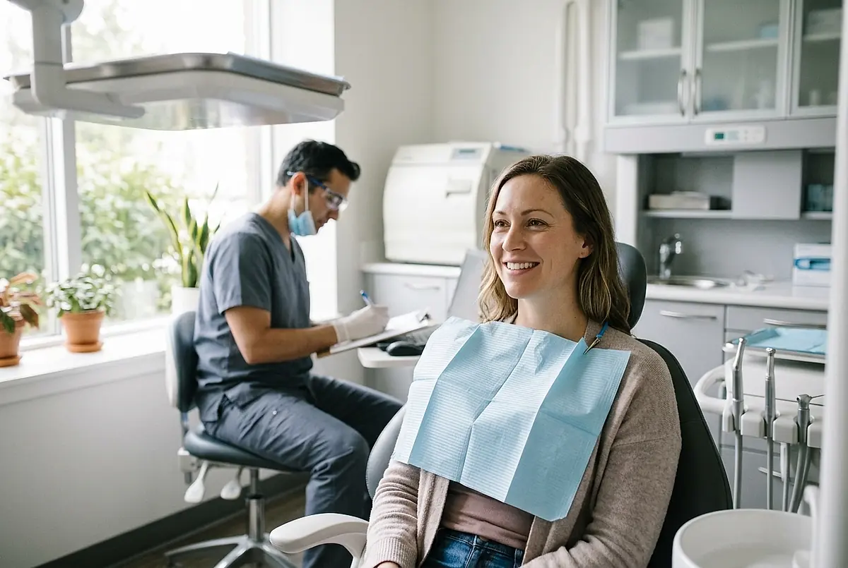 A patient sitting up in the chair after a check-up, smiling.