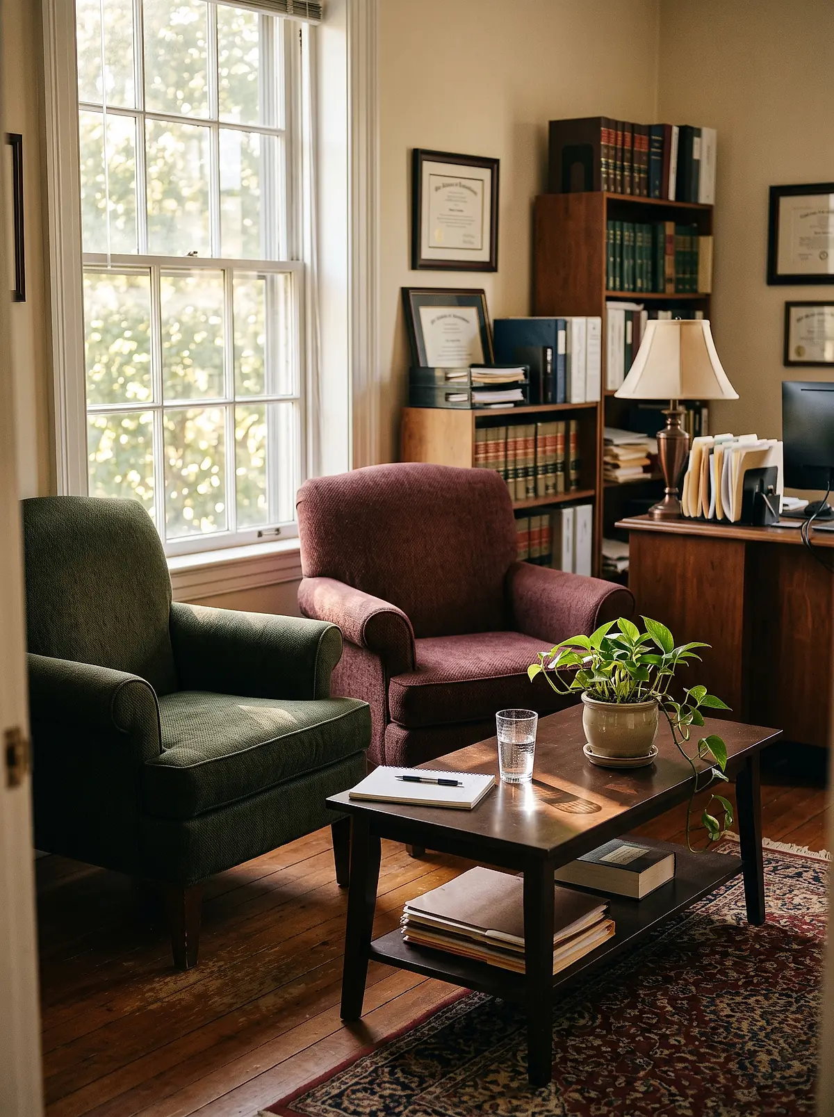 Two armchairs and a low table by a window in the Juniper Ridge Law office