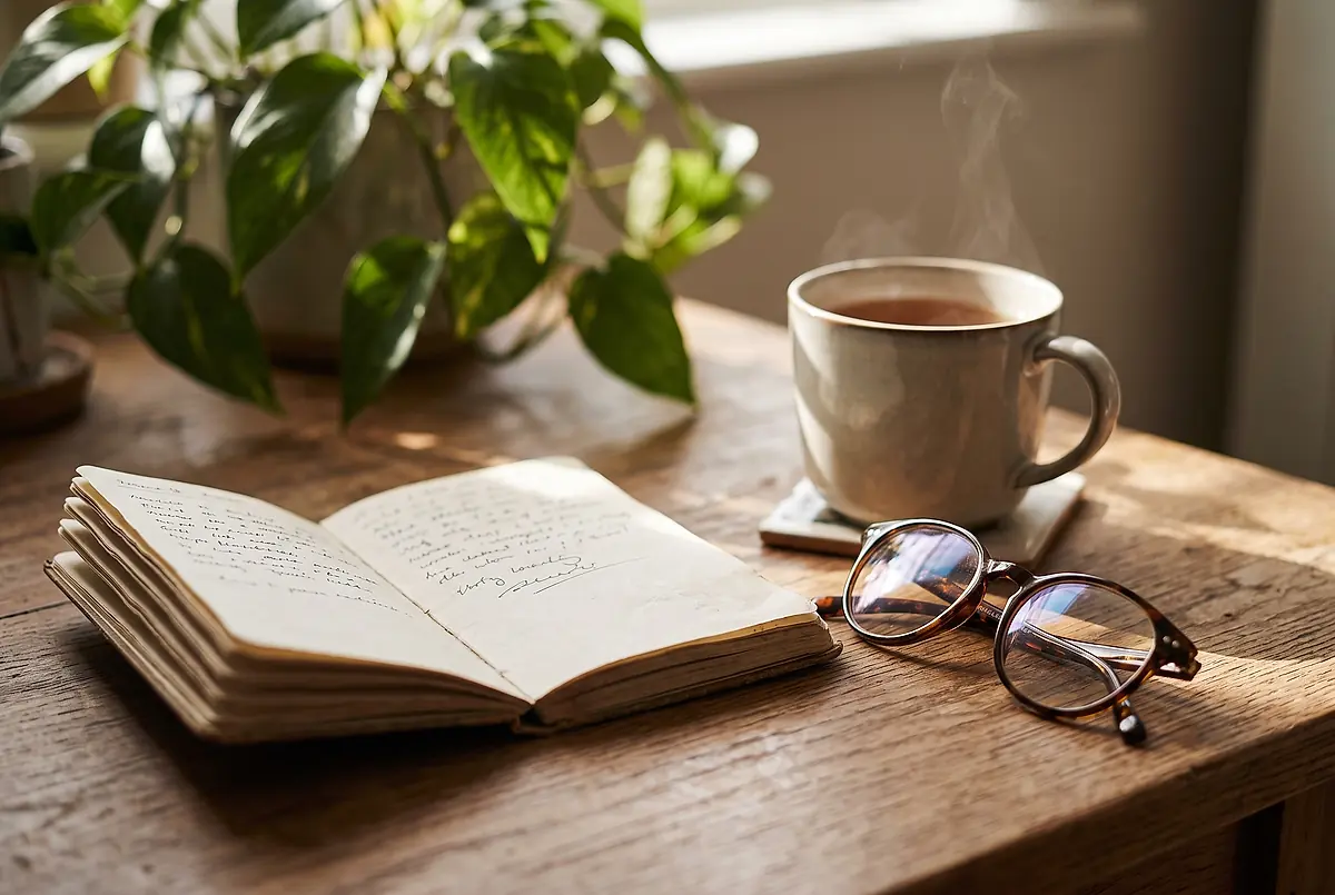 An open notebook, reading glasses and a mug of tea on a wooden desk