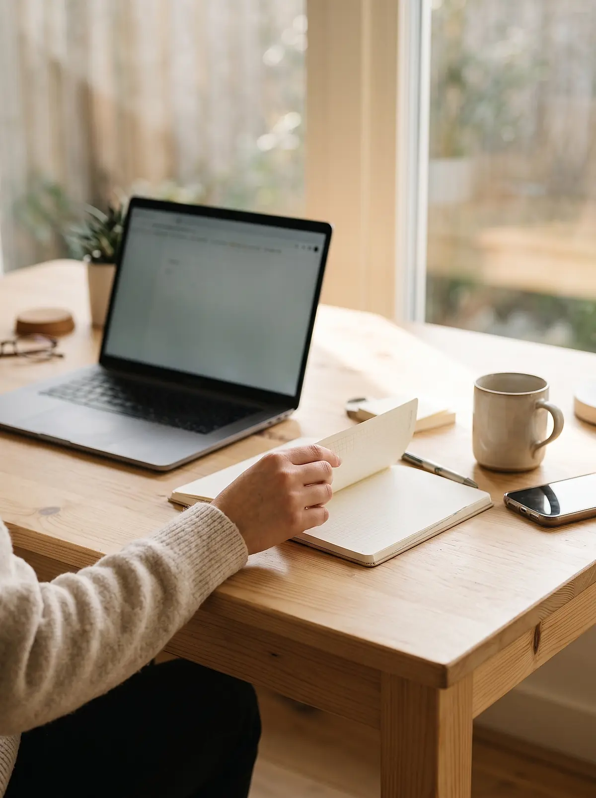 A laptop, a notebook and a mug on a table beside a window