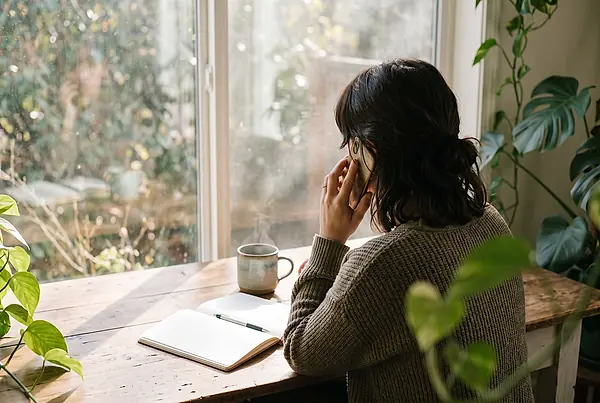 A woman talking on the phone at a table by a window