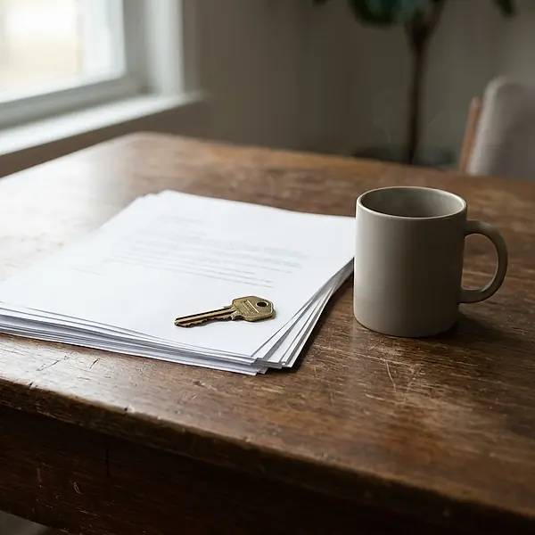 A house key resting on a stack of papers on a desk
