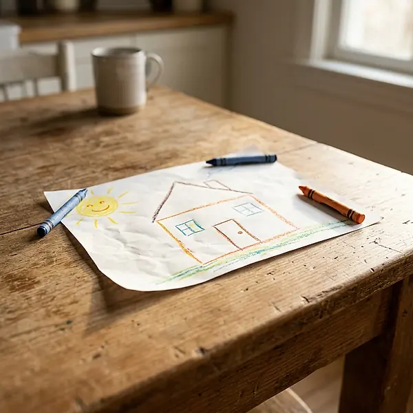 A child's crayon drawing of a house on a kitchen table