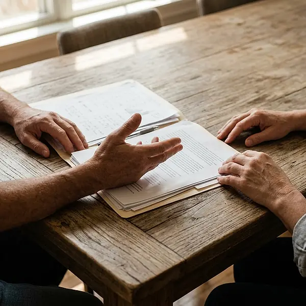 Two people talking across a table over an open folder of papers