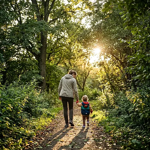 An adult and a young child walking hand in hand along a leafy path