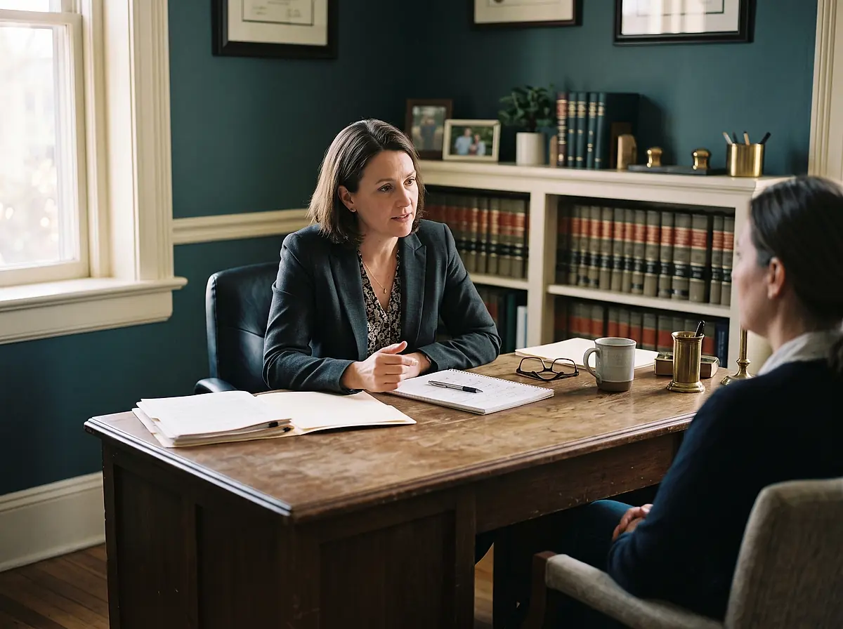 An attorney and a client talking across a desk in the family law office