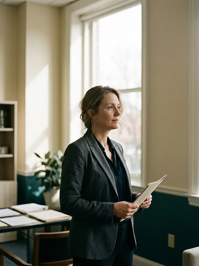 An attorney standing at the office window reading a folder
