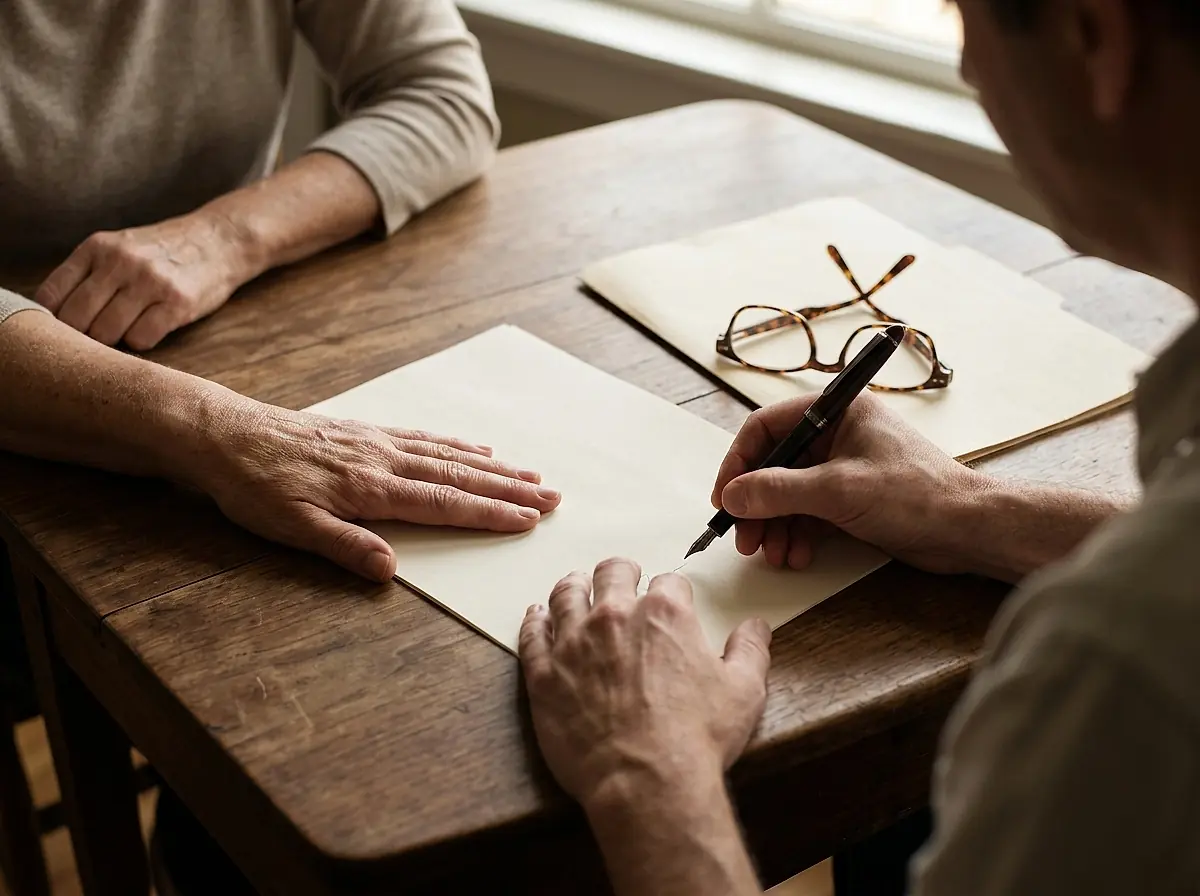 Two people signing and reading through a document at a wooden desk