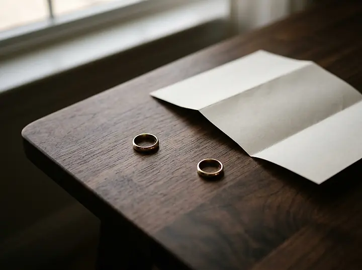 Two wedding bands on a table beside a folded document