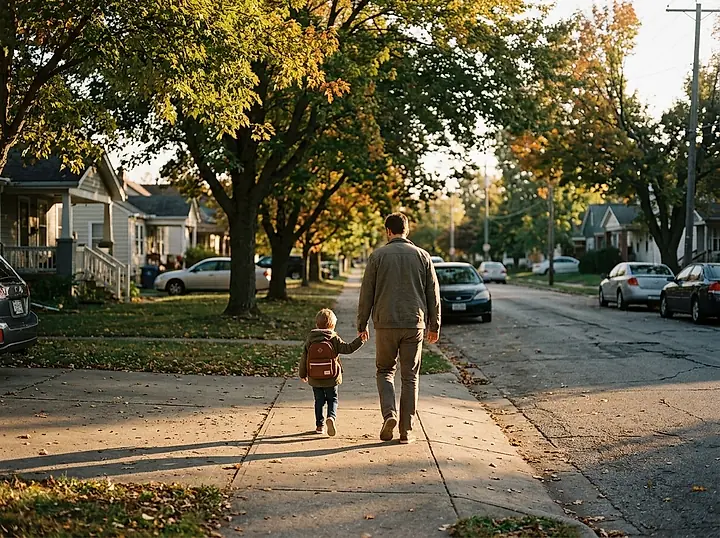 A parent and child walking hand in hand along a residential street