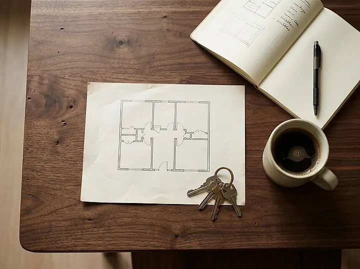 House keys, a floor plan and a notebook on a kitchen table