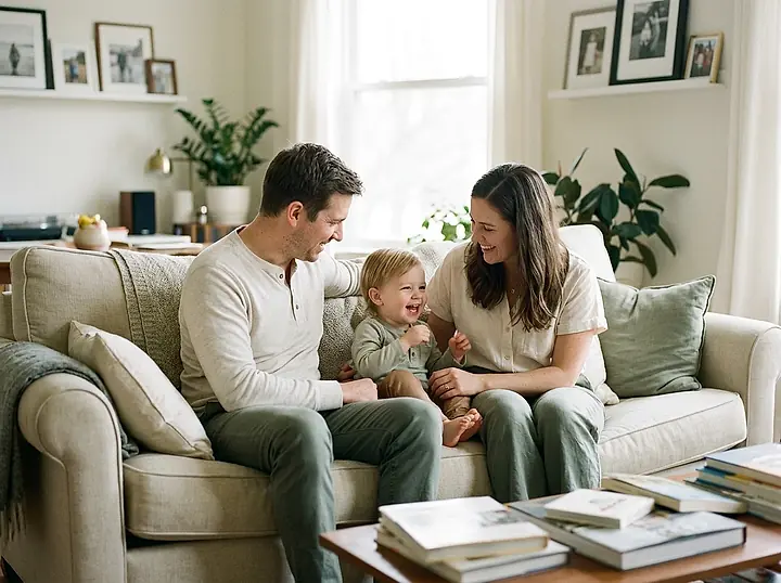 Two adults and a child sitting together on a sofa