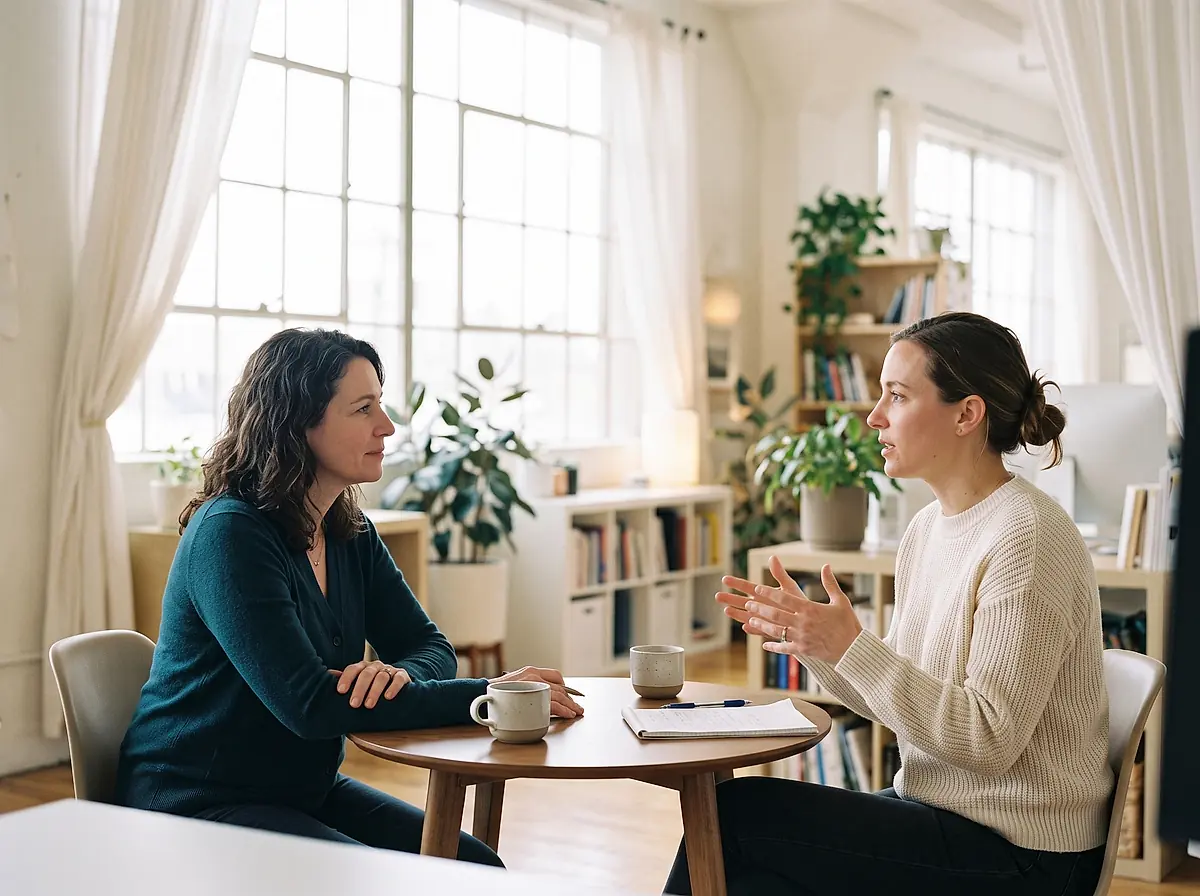 Two people talking across a small table in the office