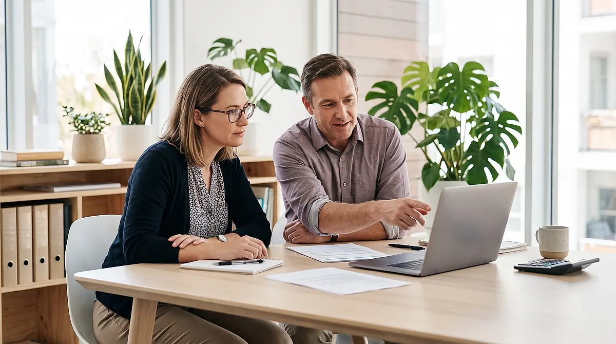 A small business owner and her accountant going through the books together on a laptop