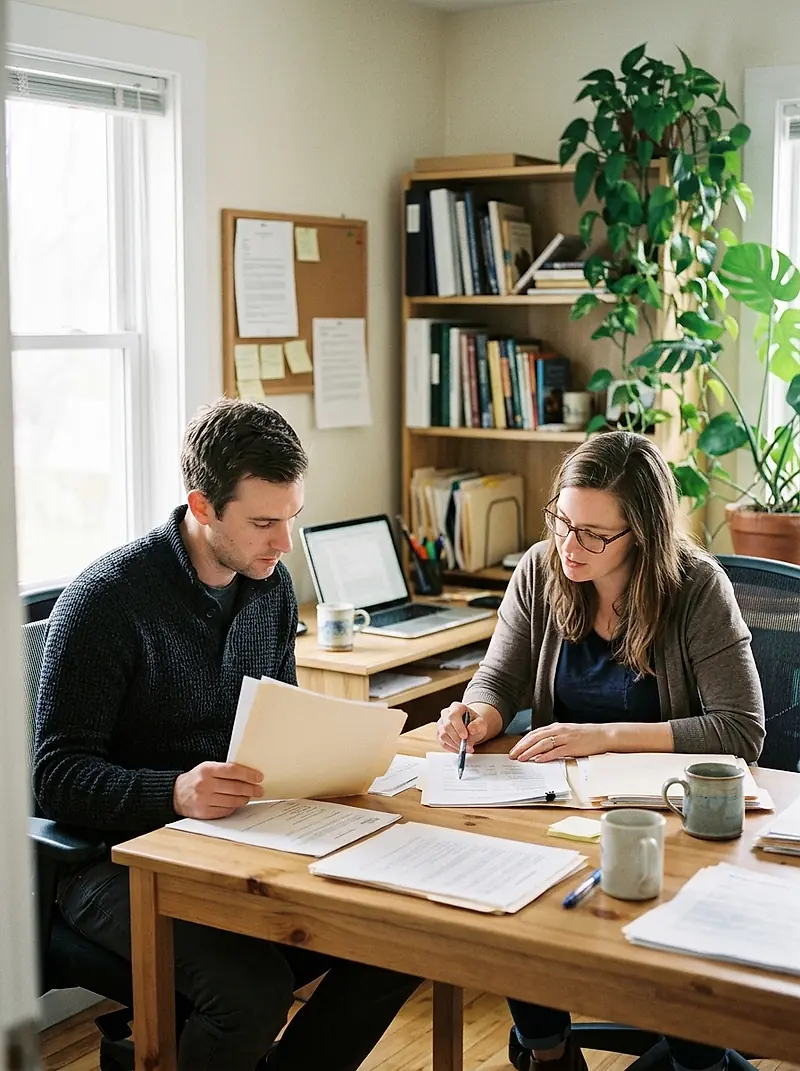 An accountant and a client going through a folder of paperwork at a desk